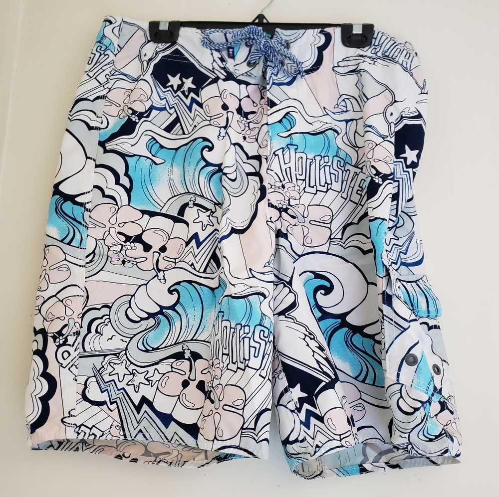 Hollister men's 34 swim trunks white and blue